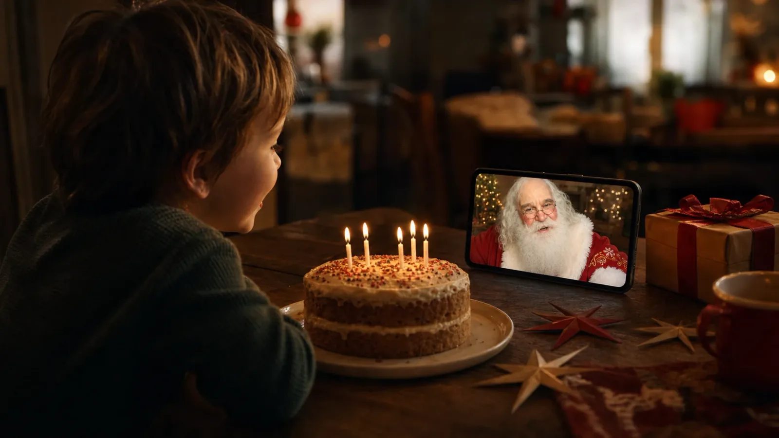 A child watching a birthday message from Santa Corky beside a cake