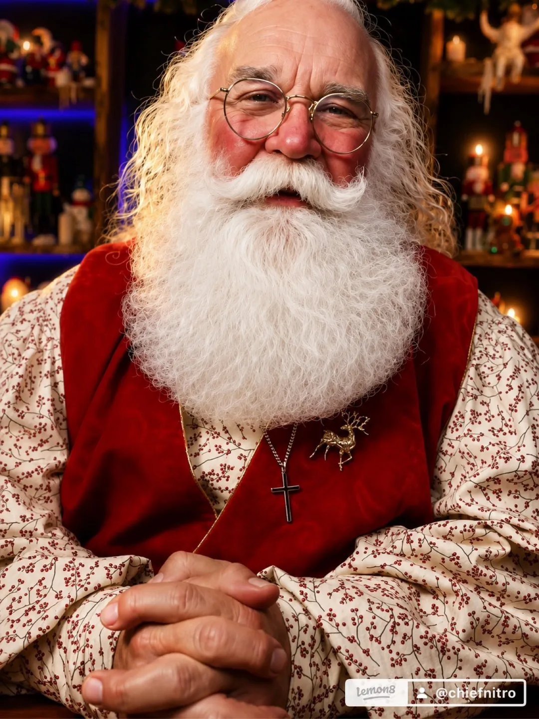 Santa Corky seated in his Christmas workshop
