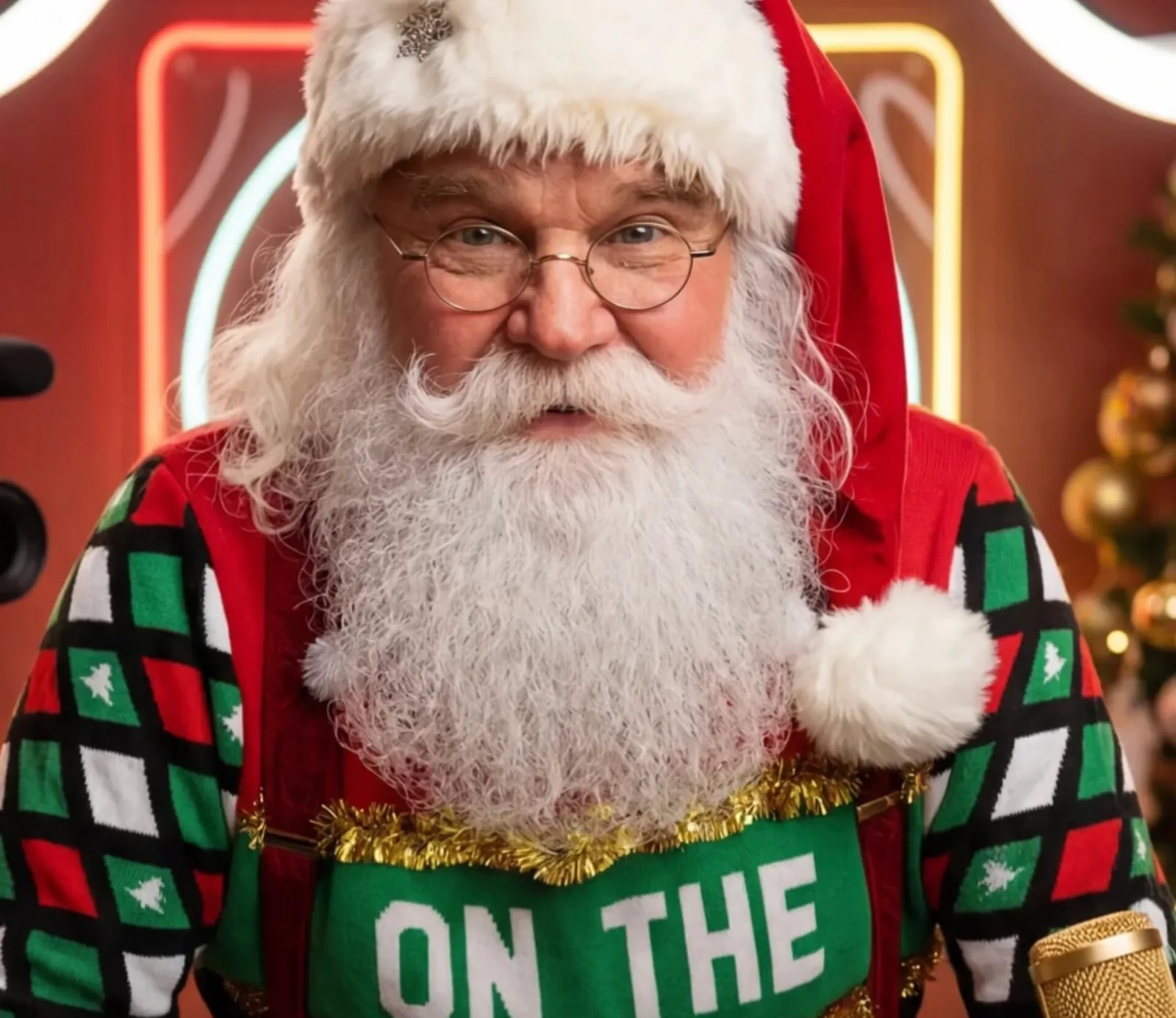 Santa Corky in his festive recording studio