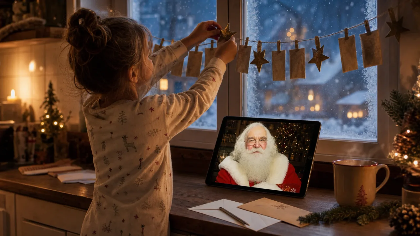 A child adding a star to a Christmas countdown beside a Santa Corky video